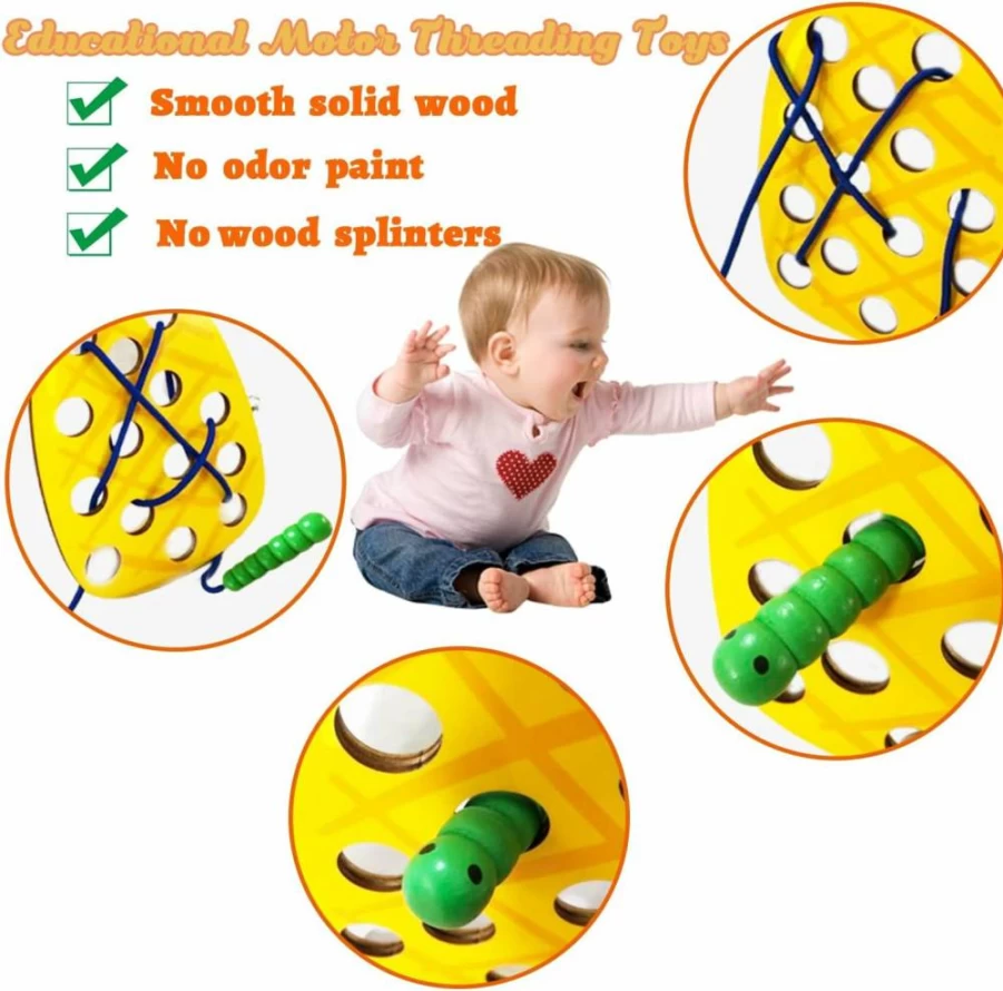 Fvcisshhu 4 Pack Wooden Lacing Toy for Toddlers - Fine Motor Skills Educational Threading Set with Apple, Watermelon, Pineapple & Pear - Travel Activity Puzzle for Kids Ages 3 4 5 Years