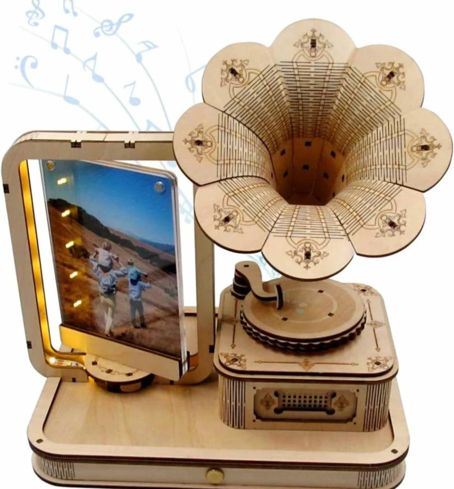 Generic 3D Wooden Puzzle Gramophone Music Box - DIY Assembly Model Kit for Adults, Unique Gift for Men & Women, Decorative Acrylic Frame, Ages 14+