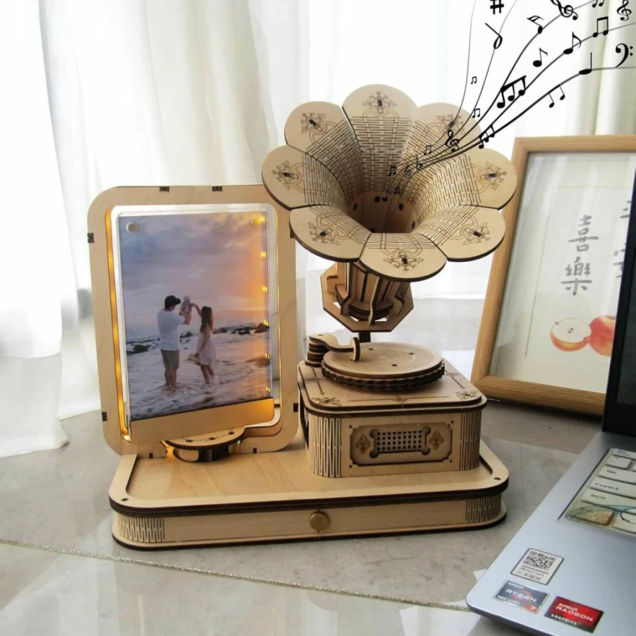 Generic 3D Wooden Puzzle Gramophone Music Box - DIY Assembly Model Kit for Adults, Unique Gift for Men & Women, Decorative Acrylic Frame, Ages 14+