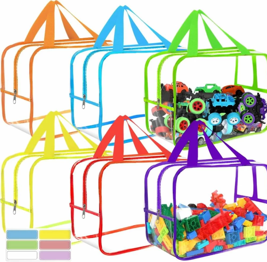 OPELETNNT 6-Pack Large Clear PVC Toy Storage Bags with Labels - Waterproof Reusable Zipper Organizer for Board Games, Building Blocks, Kids Books & Travel
