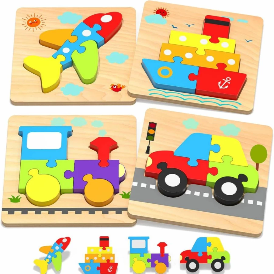 Yetonamr Montessori Wooden Vehicle Puzzles for Toddlers Age 1-3 - 6-Piece Educational Toys for Boys & Girls, Baby Learning Blocks, Ideal Gift for 1 2 3 Year Olds