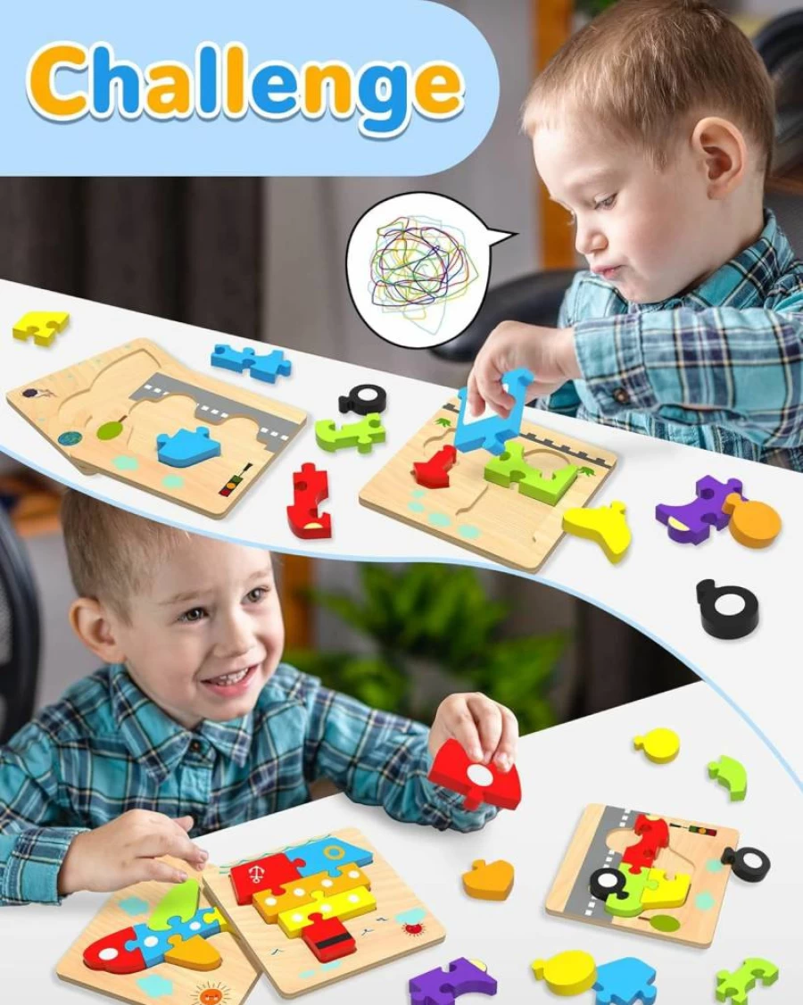 Yetonamr Montessori Wooden Vehicle Puzzles for Toddlers Age 1-3 - 6-Piece Educational Toys for Boys & Girls, Baby Learning Blocks, Ideal Gift for 1 2 3 Year Olds