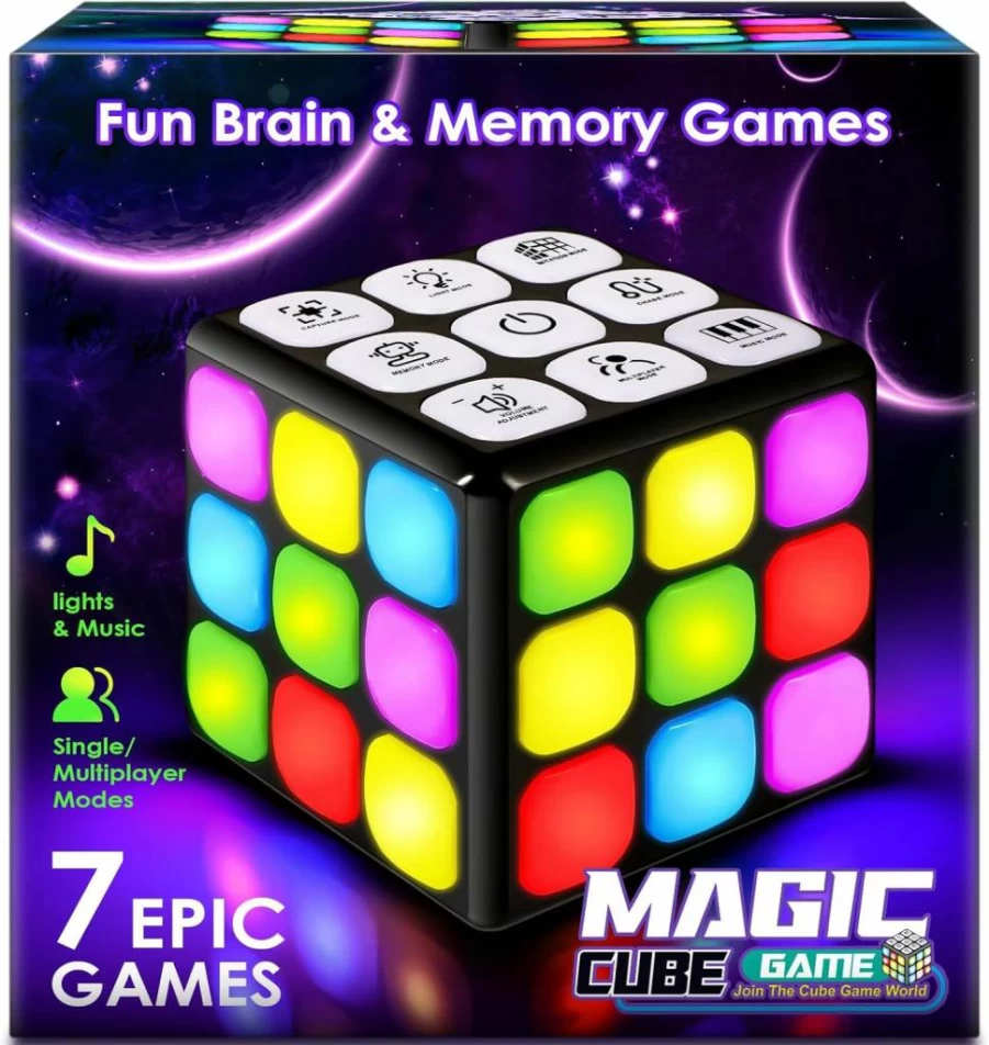 SUPER JOY Electronic Memory Game Cube - 7-in-1 Handheld Brain Toy for Kids Ages 6-12, Fun Sensory Puzzles for Boys & Girls, Ideal Christmas & Birthday Gift