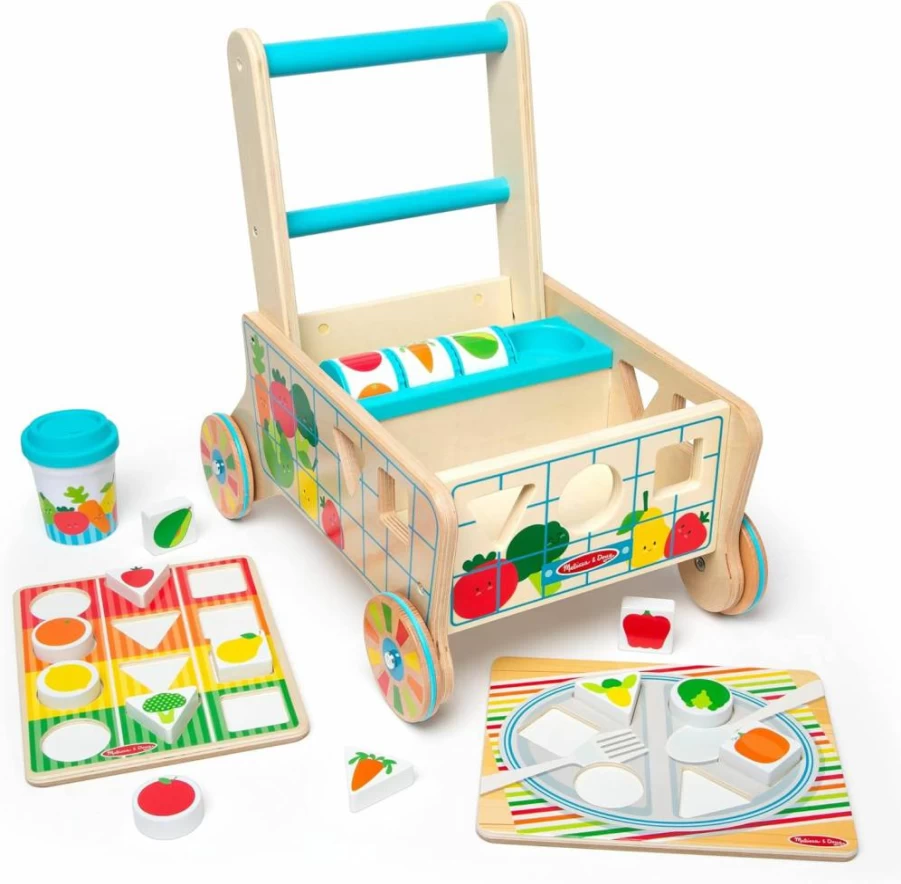 Melissa & Doug Wooden Grocery Cart Toy - Shape Sorter & Stacking Activity for Toddlers 1+ with FSC-Certified Wood, Pretend Play Shopping Cart for Kids