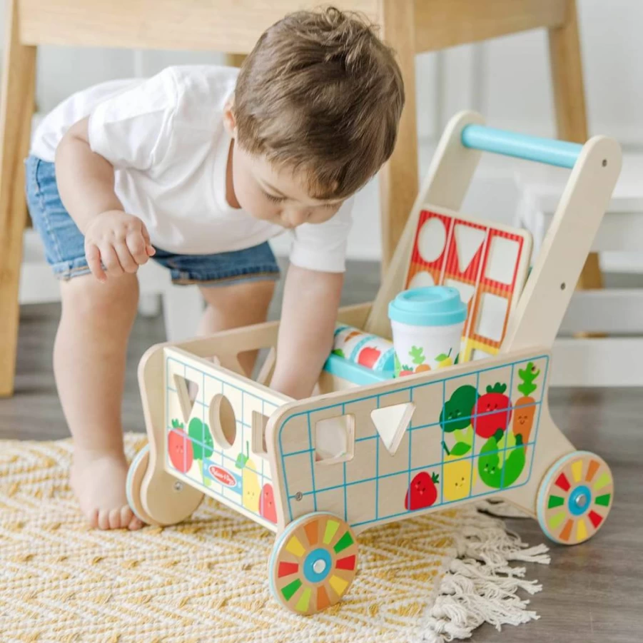 Melissa & Doug Wooden Grocery Cart Toy - Shape Sorter & Stacking Activity for Toddlers 1+ with FSC-Certified Wood, Pretend Play Shopping Cart for Kids
