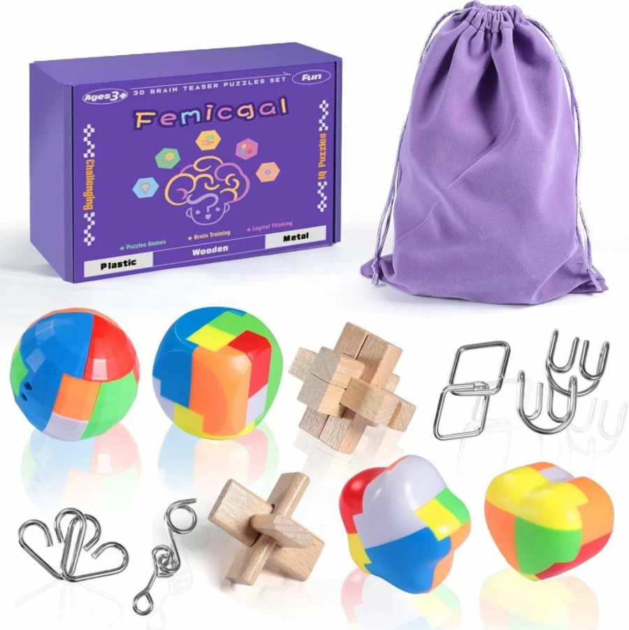 Femicgal 10Pcs 3D Brain Teaser Puzzle Set for Adults & Kids - Wooden, Plastic, Metal IQ Test, Mind Unlock Interlock Games, Educational Toys for All Ages