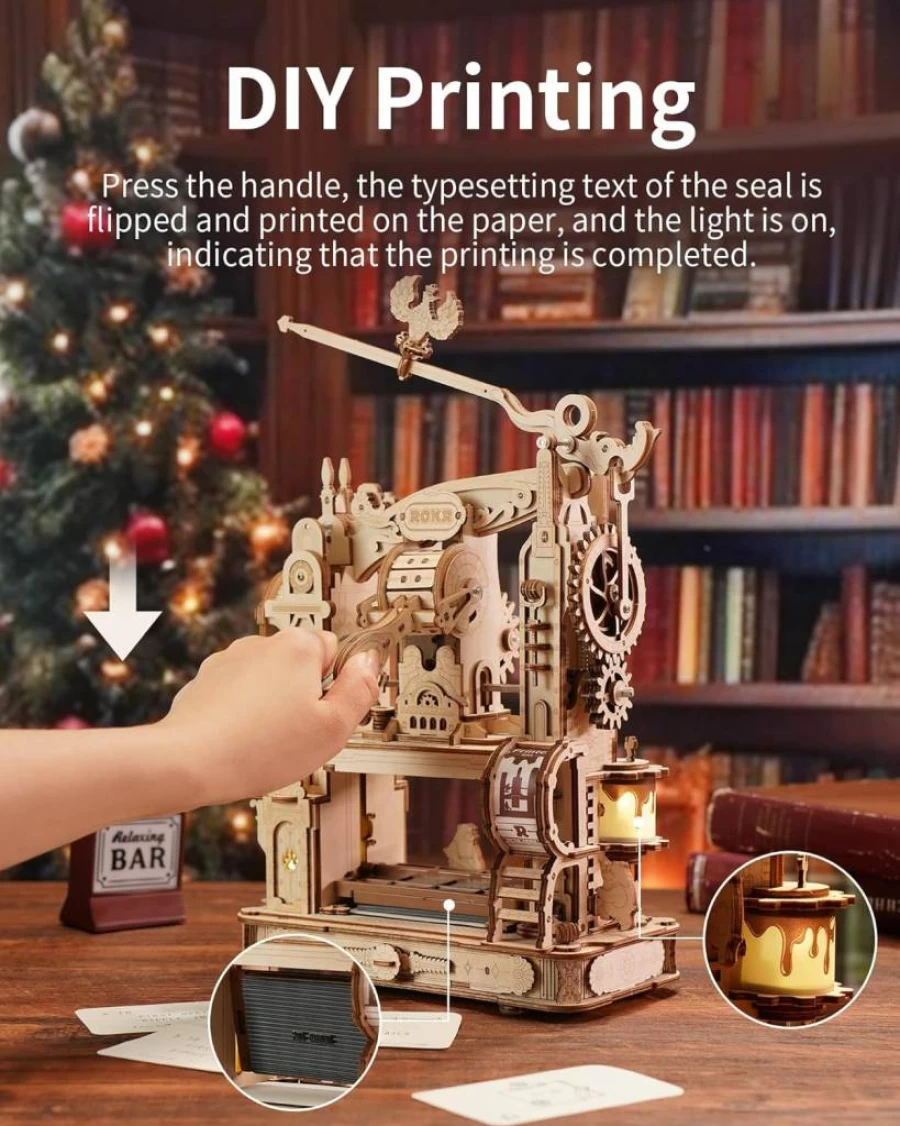 ROKR 3D Wooden Puzzle for Adults - DIY Printing Press Model Building Kit, STEM Craft Toy for Men & Women, Cool Birthday Gift LK602
