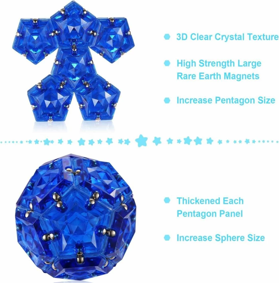 RoomyRoc Magnetic Fidget Toy - 12-Piece Pentagonal Magnet Balls Set in Crystal Blue - Stress Relief Desk Toy for Adults, Creative & Inspirational Gift