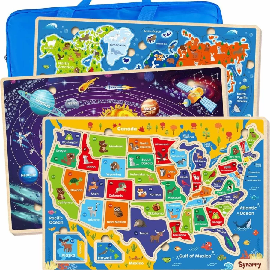 SYNARRY Wooden Solar System & USA Map Puzzle for Kids Ages 3-8 - Educational Space & Geography Learning Toy for Toddlers, Boys & Girls