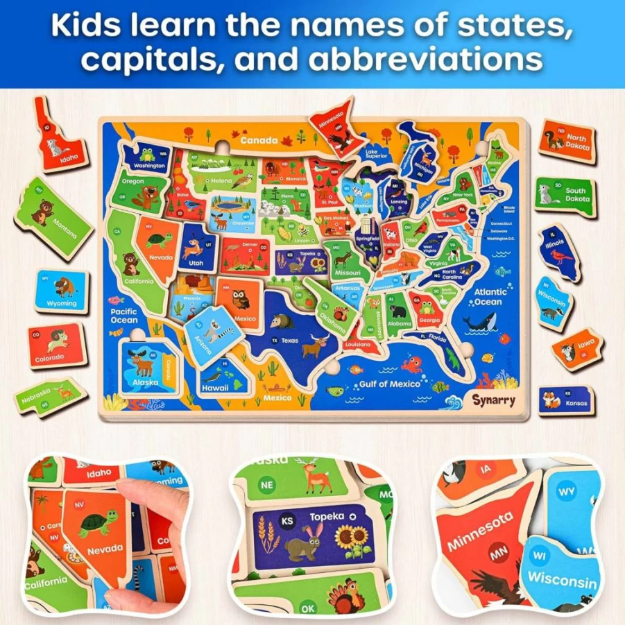 SYNARRY Wooden Solar System & USA Map Puzzle for Kids Ages 3-8 - Educational Space & Geography Learning Toy for Toddlers, Boys & Girls