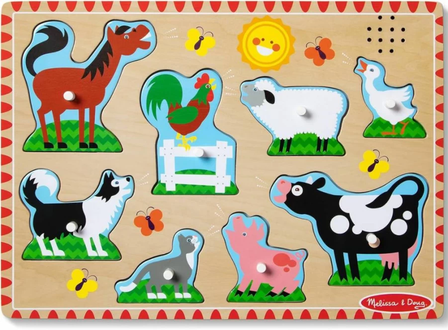 Melissa & Doug Wooden Farm Animal Sound Puzzle - 8-Piece Peg Puzzle with Realistic Sound Effects for Toddlers