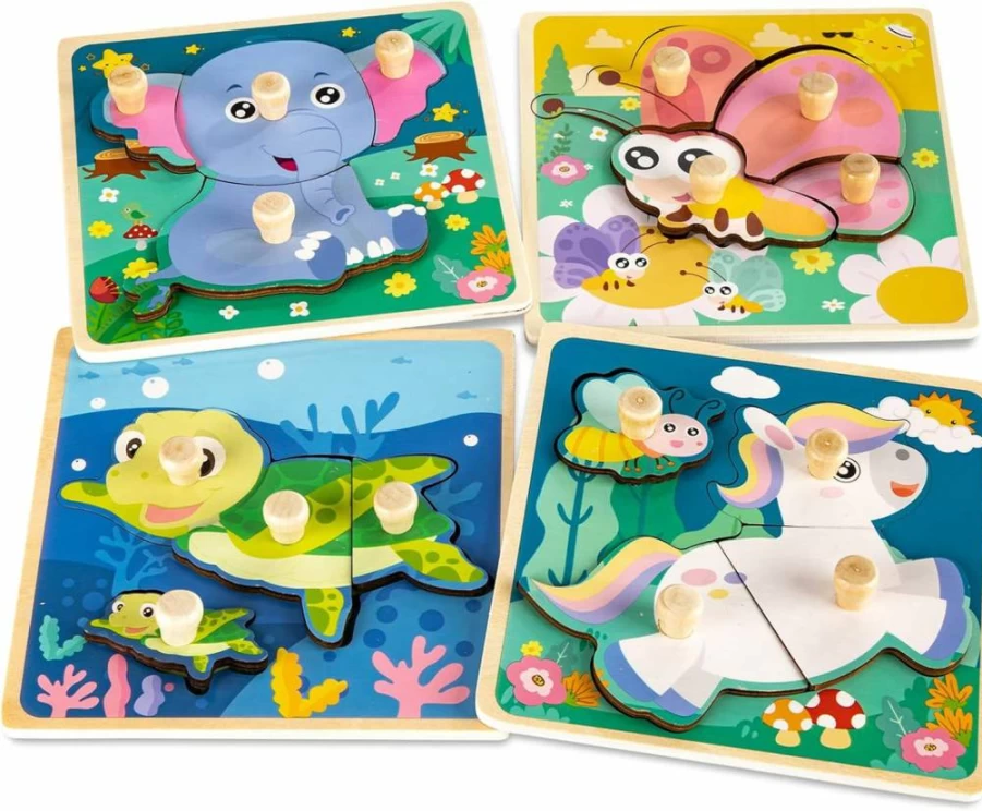 Funsland Wooden Animal Puzzles for Toddlers 1-3 - 4pc Montessori Learning Toys with Handles - Eco-Friendly Jigsaw for Fine Motor Skills Development