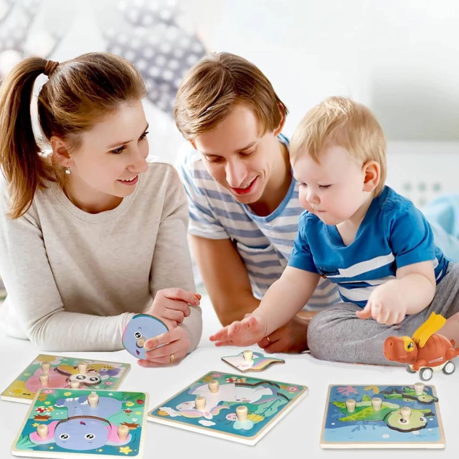 Funsland Wooden Animal Puzzles for Toddlers 1-3 - 4pc Montessori Learning Toys with Handles - Eco-Friendly Jigsaw for Fine Motor Skills Development