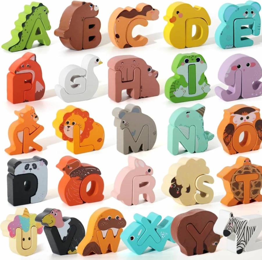 BESTAMTOY Wooden ABC Alphabet Animal Puzzles for Toddlers Ages 3-5, 52-Piece Preschool Learning Matching Game, Educational Peg Puzzle Toys for Kids