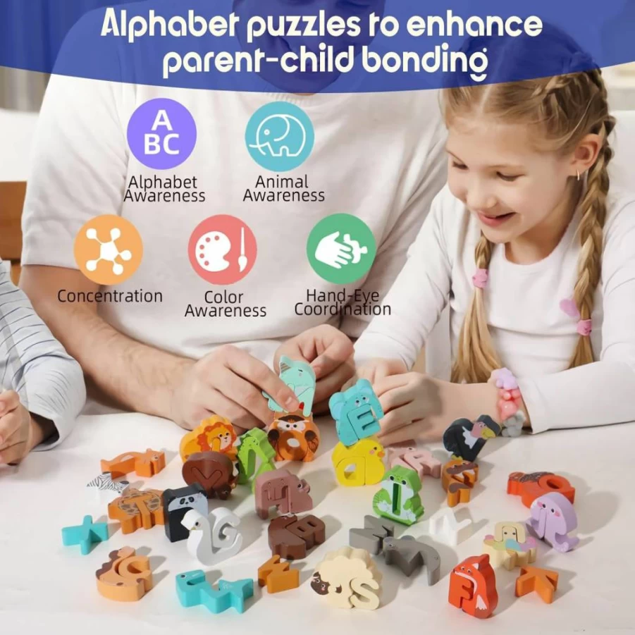 BESTAMTOY Wooden ABC Alphabet Animal Puzzles for Toddlers Ages 3-5, 52-Piece Preschool Learning Matching Game, Educational Peg Puzzle Toys for Kids