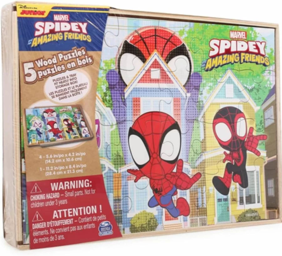 1616 Holdings Marvel Spider-Man Wooden Puzzle Set for Kids - 5 Pack with Storage Box - Disney Junior Spidey & Amazing Friends Puzzles Ages 4+