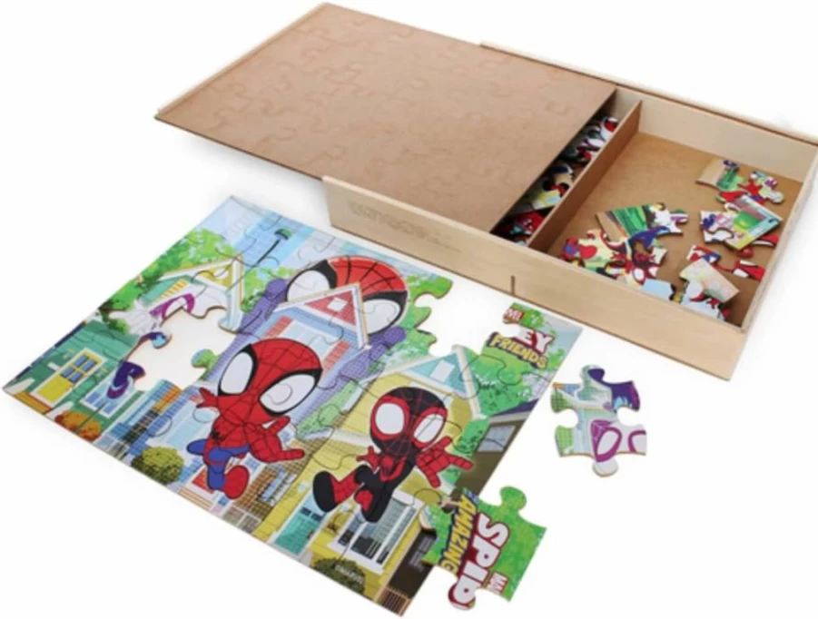 1616 Holdings Marvel Spider-Man Wooden Puzzle Set for Kids - 5 Pack with Storage Box - Disney Junior Spidey & Amazing Friends Puzzles Ages 4+