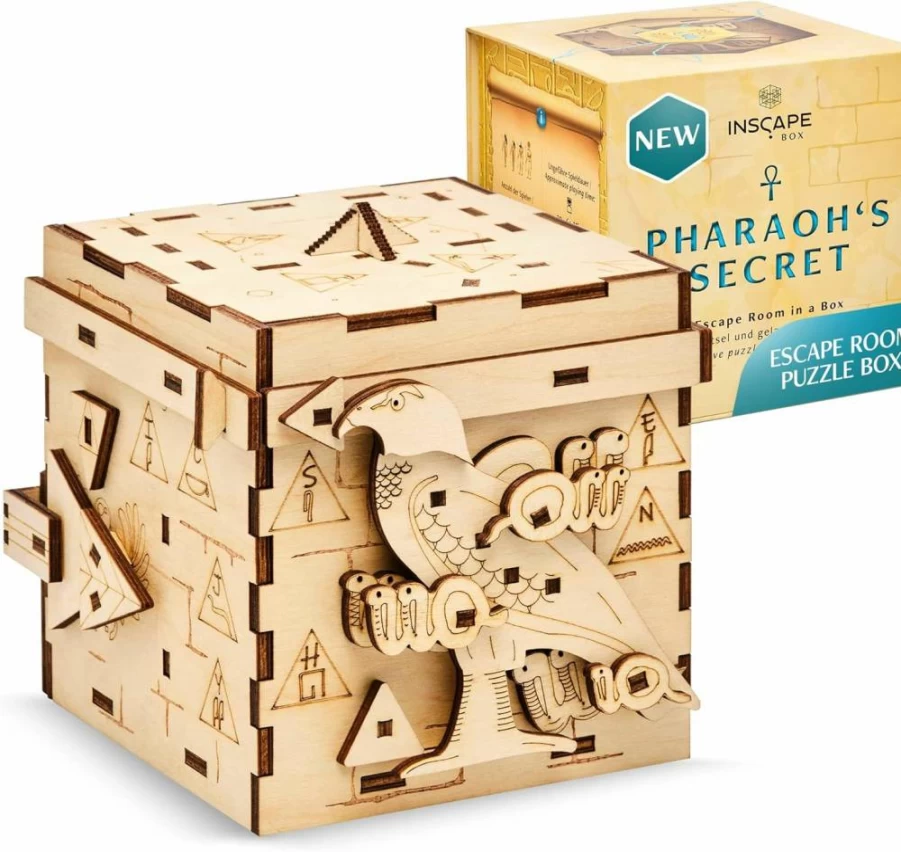 INSCAPE Pharaoh's Secret Puzzle Box - Wooden Escape Room Clue Box with Hidden Compartments for Adults - Brain Teaser Gift for Men & Women - Challenging Mind Puzzle Birthday Present