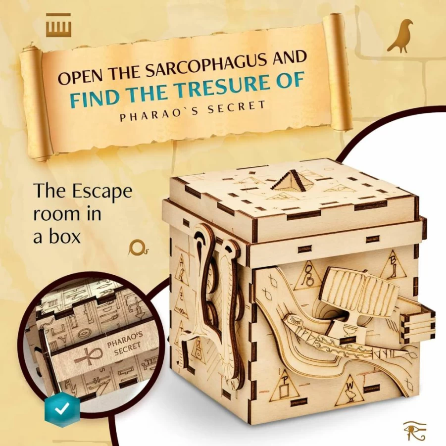 INSCAPE Pharaoh's Secret Puzzle Box - Wooden Escape Room Clue Box with Hidden Compartments for Adults - Brain Teaser Gift for Men & Women - Challenging Mind Puzzle Birthday Present
