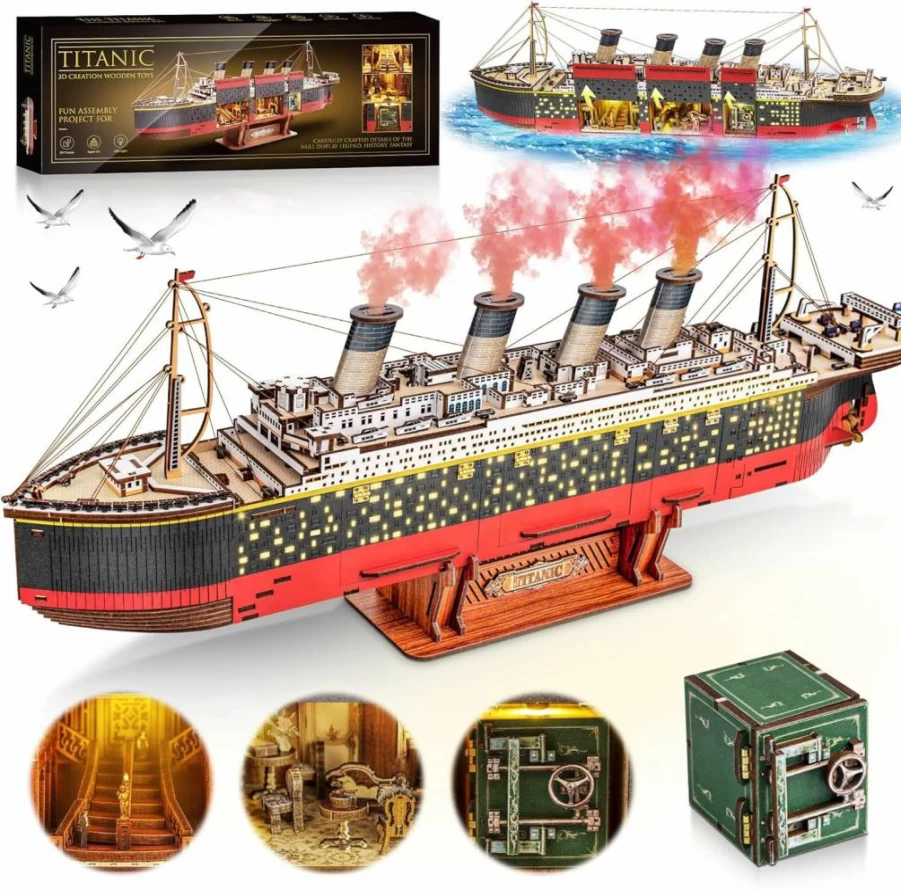 Acemend Titanic 3D Wooden Puzzle with LED Lights - DIY Ship Model Kit for Adults, Home Decor, Christmas Gift for Men, Teens, and Hobbyists