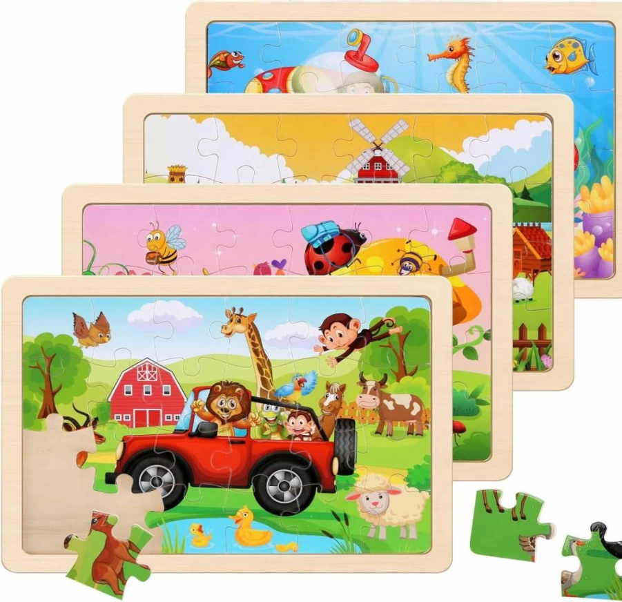 NASHRIO Wooden Dinosaur Puzzles for Kids Ages 3-6, 4-Pack 20-Piece Jigsaw Puzzle Set, Educational Toddler Learning Toys for Boys & Girls 3-5 Years Old