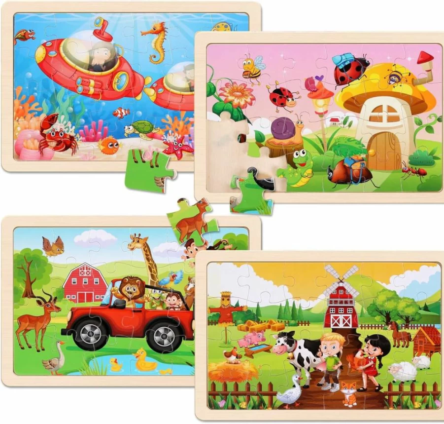 NASHRIO Wooden Dinosaur Puzzles for Kids Ages 3-6, 4-Pack 20-Piece Jigsaw Puzzle Set, Educational Toddler Learning Toys for Boys & Girls 3-5 Years Old