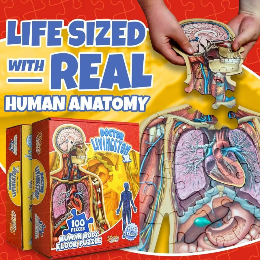 Genius Games Dr Livingston Jr's Human Anatomy Puzzle - 100-Piece Medically Accurate Educational Floor Jigsaw for Kids Ages 4-10, STEM Learning Toy for Toddlers & Children