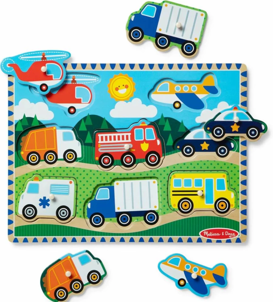 Melissa & Doug Wooden Vehicles Peg Puzzle - 8-Piece Toddler Learning Toy for Fine Motor Skills
