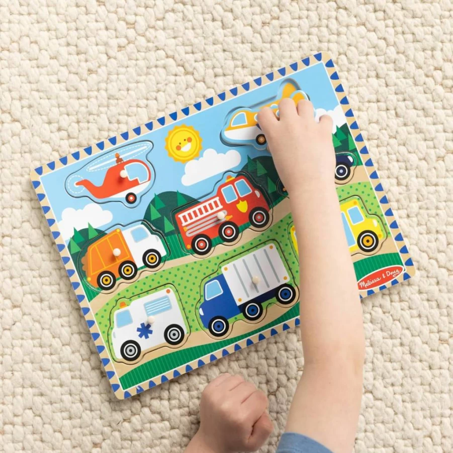Melissa & Doug Wooden Vehicles Peg Puzzle - 8-Piece Toddler Learning Toy for Fine Motor Skills
