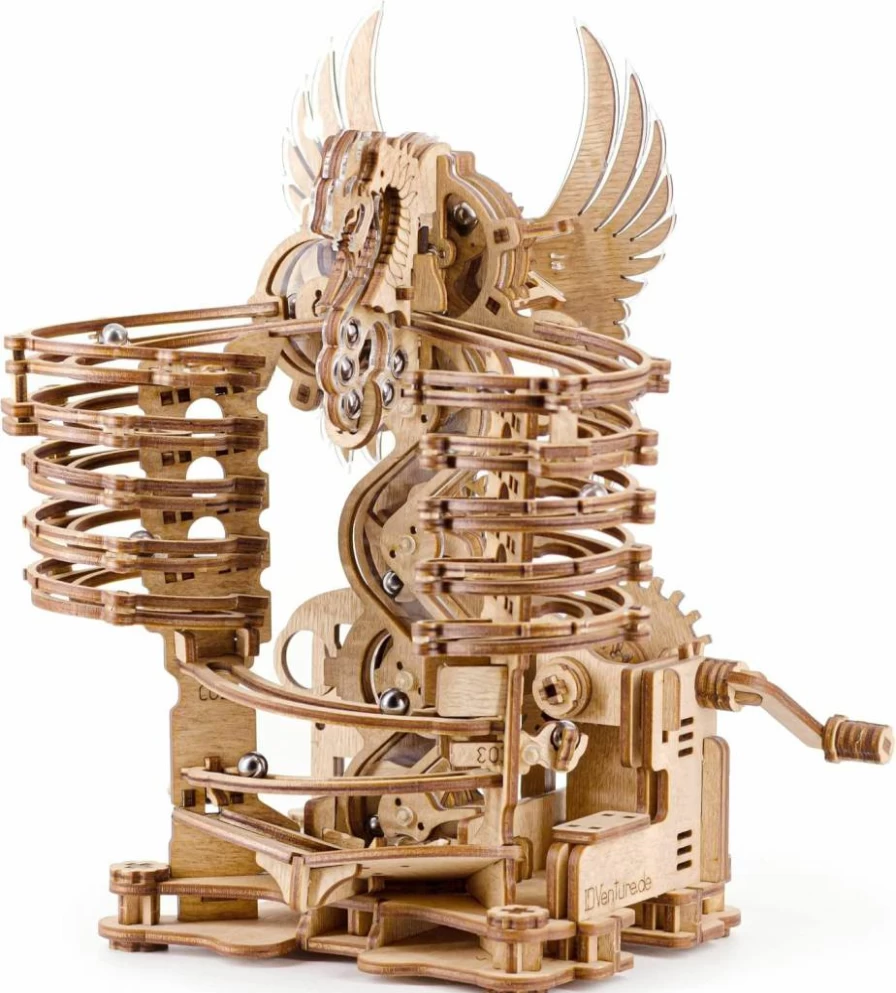 iDventure DIY Wooden Marble Run Dragon 3D Puzzle Kit for Adults & Teens – Hand-Cranked Mechanical Gear with 15 Steel Balls