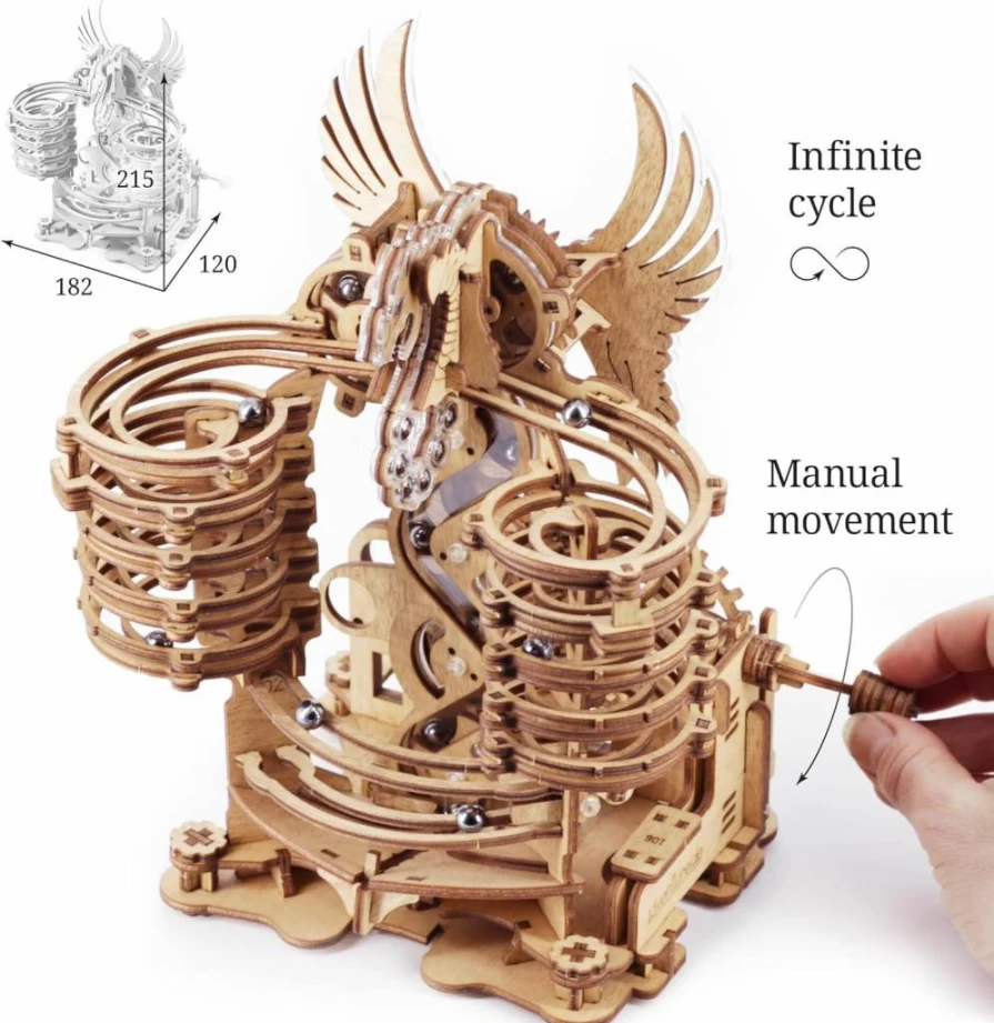 iDventure DIY Wooden Marble Run Dragon 3D Puzzle Kit for Adults & Teens – Hand-Cranked Mechanical Gear with 15 Steel Balls