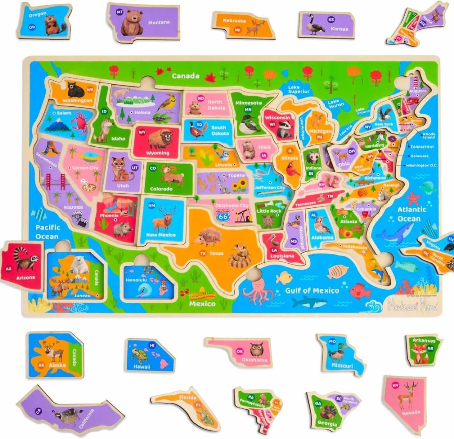 Montessori Mama USA Map Wooden Puzzle for Kids Ages 4-8 - Educational Geography Toy with States, Capitals, Landmarks & Animals