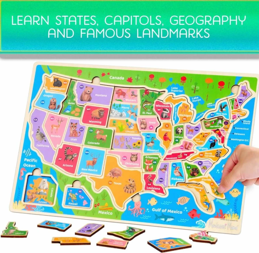 Montessori Mama USA Map Wooden Puzzle for Kids Ages 4-8 - Educational Geography Toy with States, Capitals, Landmarks & Animals