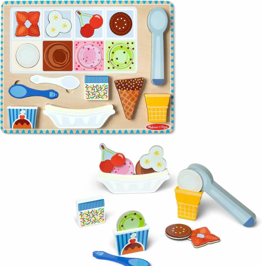 Melissa & Doug Wooden Magnetic Ice Cream Play Set - 16 Piece Pretend Play Food Toy with Scooper for Kids Ages 2+ (Boys & Girls)
