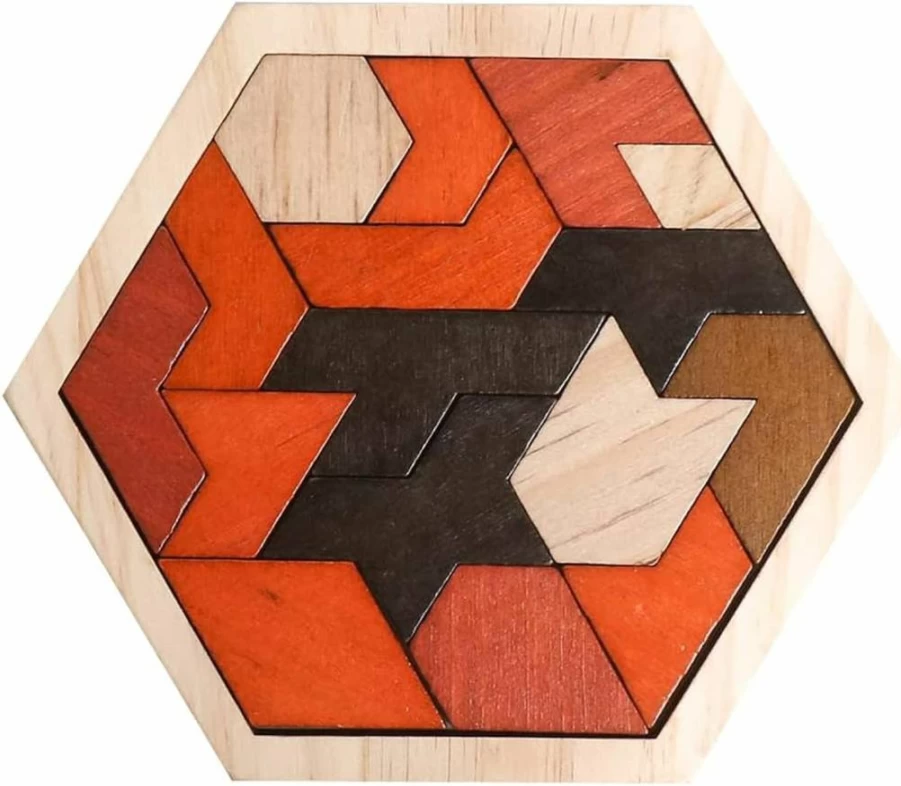 Skrtuan Wooden Hexagon Puzzle - Brain Teaser Toy for Kids & Adults, STEM Montessori Learning Game, Tangram Geometry Logic IQ Challenge, Educational Gift for All Ages