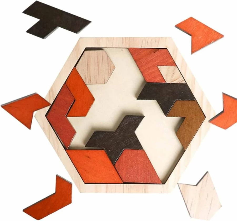 Skrtuan Wooden Hexagon Puzzle - Brain Teaser Toy for Kids & Adults, STEM Montessori Learning Game, Tangram Geometry Logic IQ Challenge, Educational Gift for All Ages