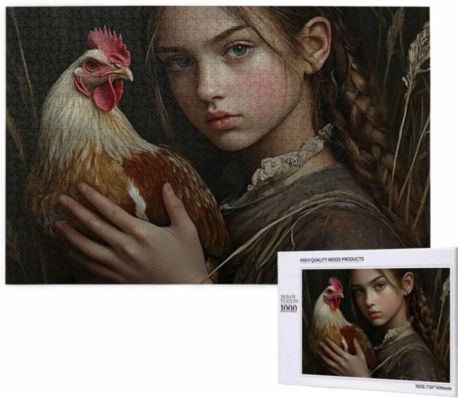 TlevadArt 1000-Piece Wooden Jigsaw Puzzle for Adults - Fun Educational Challenge Featuring Girl Holding Rooster, Creative Art Puzzle