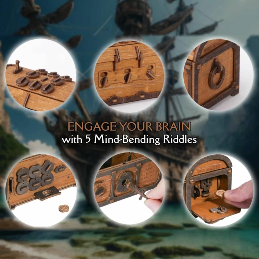 WOODEN.CITY Pirate Treasure Chest Escape Room Puzzle Box - 3D Wooden Mechanical Brain Teaser for Adults - Challenging Clue Box & DIY Puzzle Kit