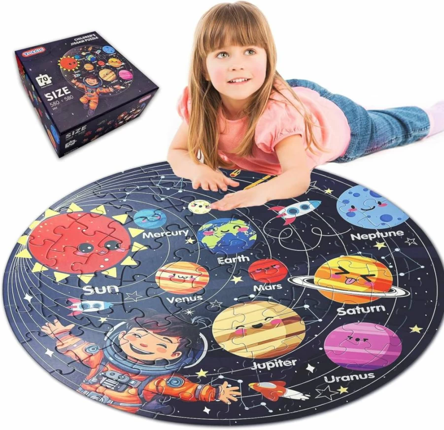 TALGIC Solar System Floor Puzzle for Kids Ages 3-8 - 70 Piece Educational Round Jigsaw Toy with Planets, Ideal Gift for 5 Year Old Boys & Girls