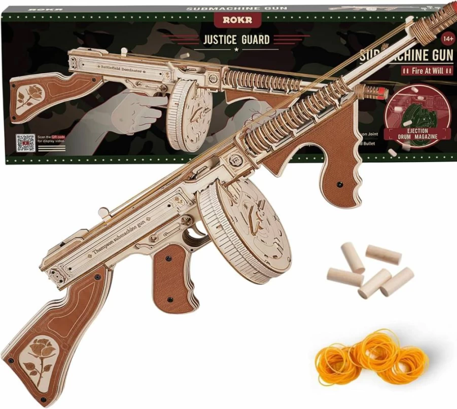 ROKR 3D Wooden Puzzle Tommy Gun Model Kit for Adults - DIY Rubber Band Toy Building Set - Creative Christmas Gift for Men & Women