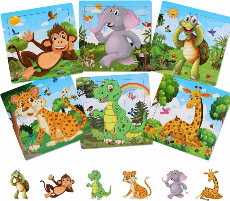 NASHRIO Wooden Animal Jigsaw Puzzles for Kids Ages 2-5 - 6 Pack Educational Toddler Toys with 9-Piece Preschool Learning Games for Boys & Girls