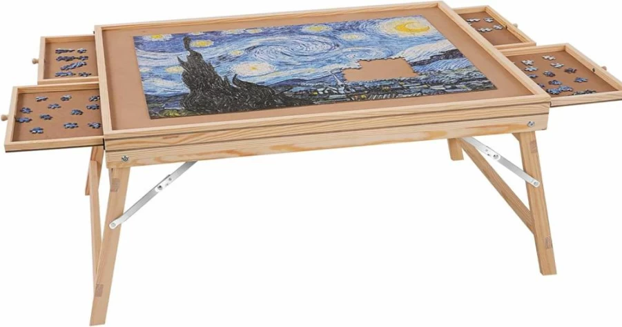 VEVOR 1500-Piece Puzzle Table with 4 Drawers, Adjustable Height & 5-Tilting Angles, 34x25 Inch Portable Wooden Board with Wheels and Cover, Jigsaw Puzzle Accessories for Adults, Ideal Gift for Mom