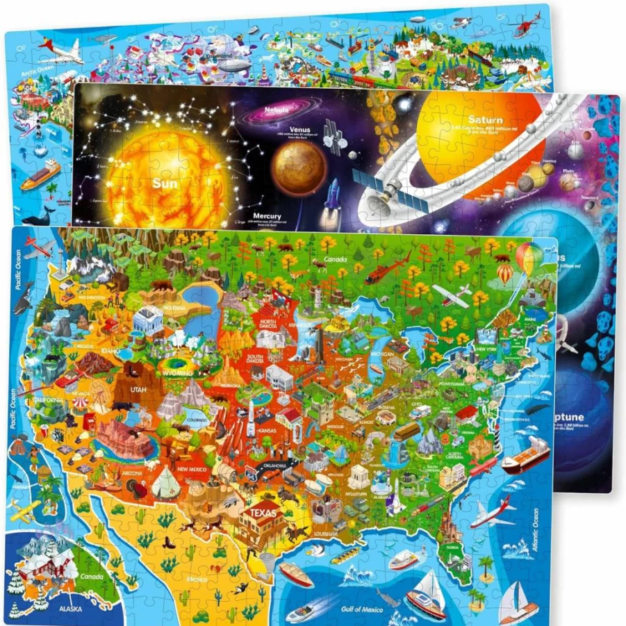 QUOKKA 3-in-1 Educational Puzzles for Kids Ages 3-8 - 100-Piece US Map, World & Space Learning Toys for Toddlers & Children - Boys & Girls Preschool Puzzle Games (3 Puzzle Set)