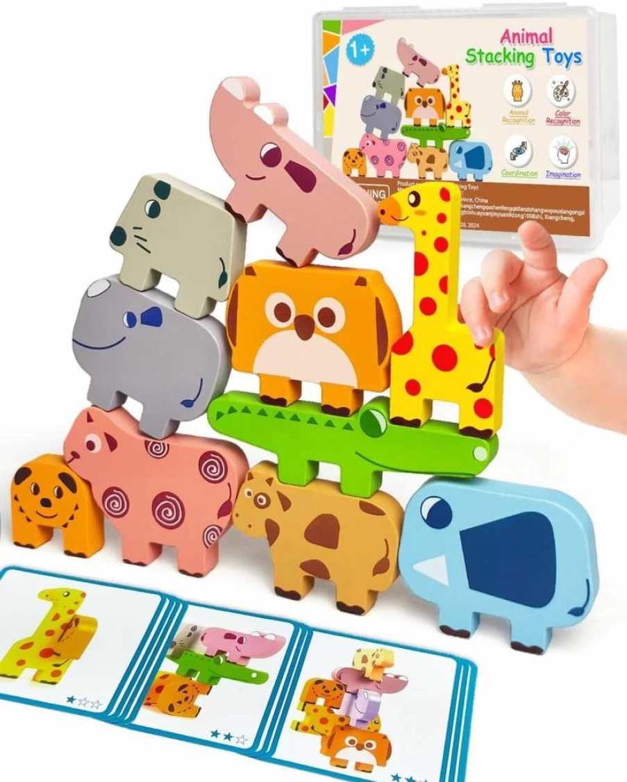 Maaacute Wooden Montessori Toys for Toddlers 1-4 Years - 10-Pack Animal Stacking Blocks, Sorting Puzzles, Educational Gift for Boys & Girls