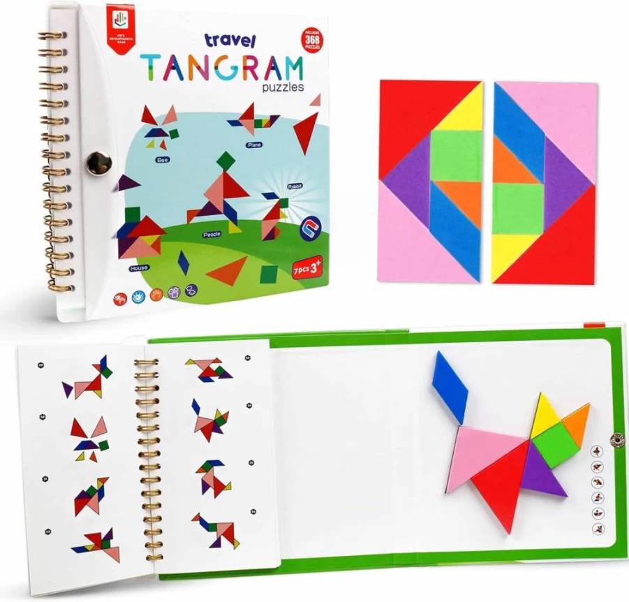 USATDD Magnetic Travel Tangram Puzzle Set - 368 Pattern Blocks, Brain Teaser Game for Kids & Adults, Montessori Educational Toys for Road Trips & Car Rides