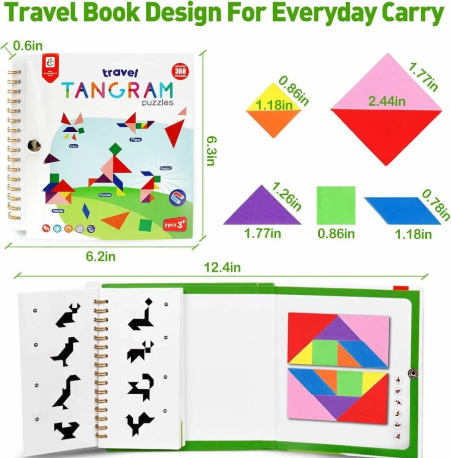 USATDD Magnetic Travel Tangram Puzzle Set - 368 Pattern Blocks, Brain Teaser Game for Kids & Adults, Montessori Educational Toys for Road Trips & Car Rides