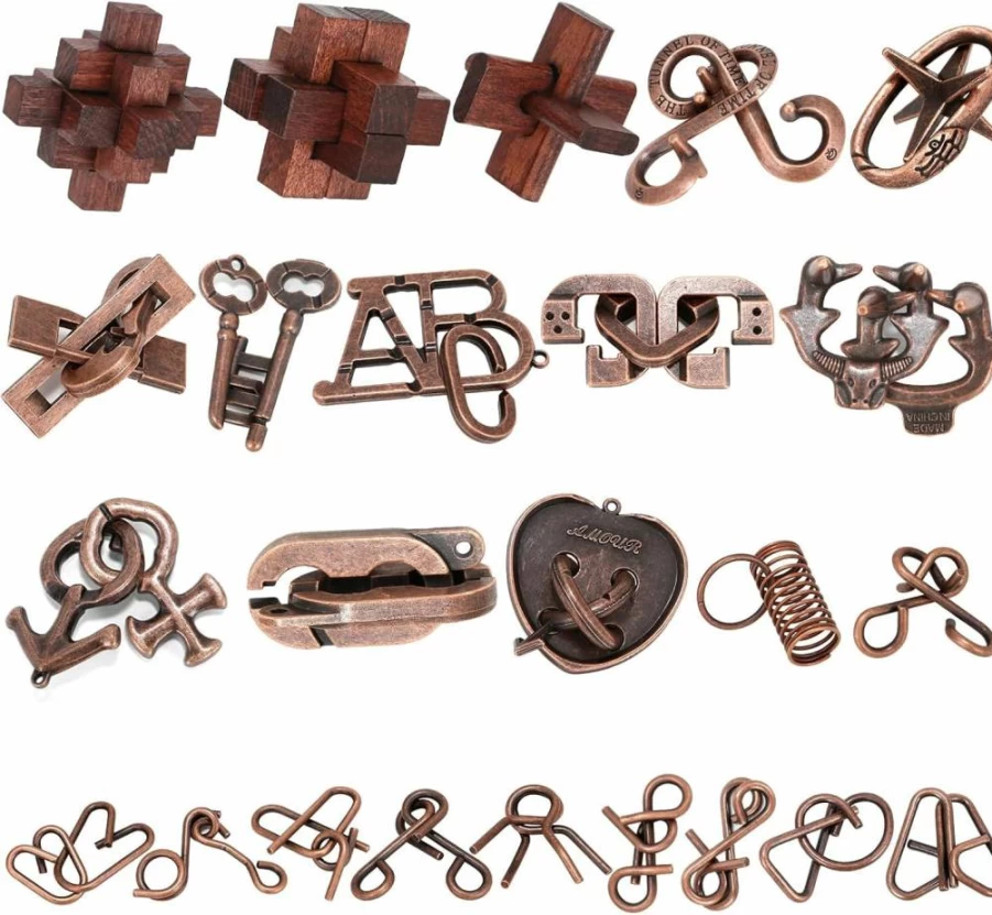 24 Pcs Mytothfy Metal & Wooden Brain Teaser Puzzles for Adults & Teens - 3D Interlocking IQ Logic Games, Educational Puzzle Toys for Critical Thinking