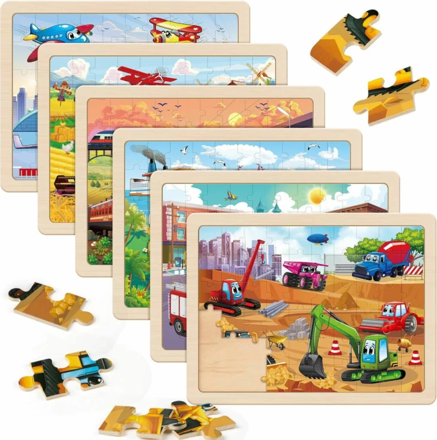 SYNARRY 6-Pack Wooden Jigsaw Puzzles for Kids Ages 4-8 – 60-Piece Educational Vehicle Toys for Preschool Boys & Girls, Ideal Gift for 4+ Year Olds