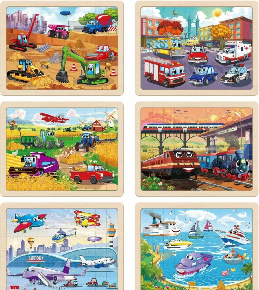 SYNARRY 6-Pack Wooden Jigsaw Puzzles for Kids Ages 4-8 – 60-Piece Educational Vehicle Toys for Preschool Boys & Girls, Ideal Gift for 4+ Year Olds
