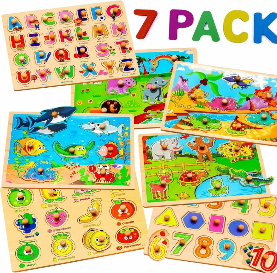 WOOODLIFY 7-Piece Wooden Puzzle Set for Toddlers Ages 2-5 - Alphabet, Numbers, Shapes, Animals & Fruits Learning Toys - Chunky Peg Puzzles for Early Childhood Education